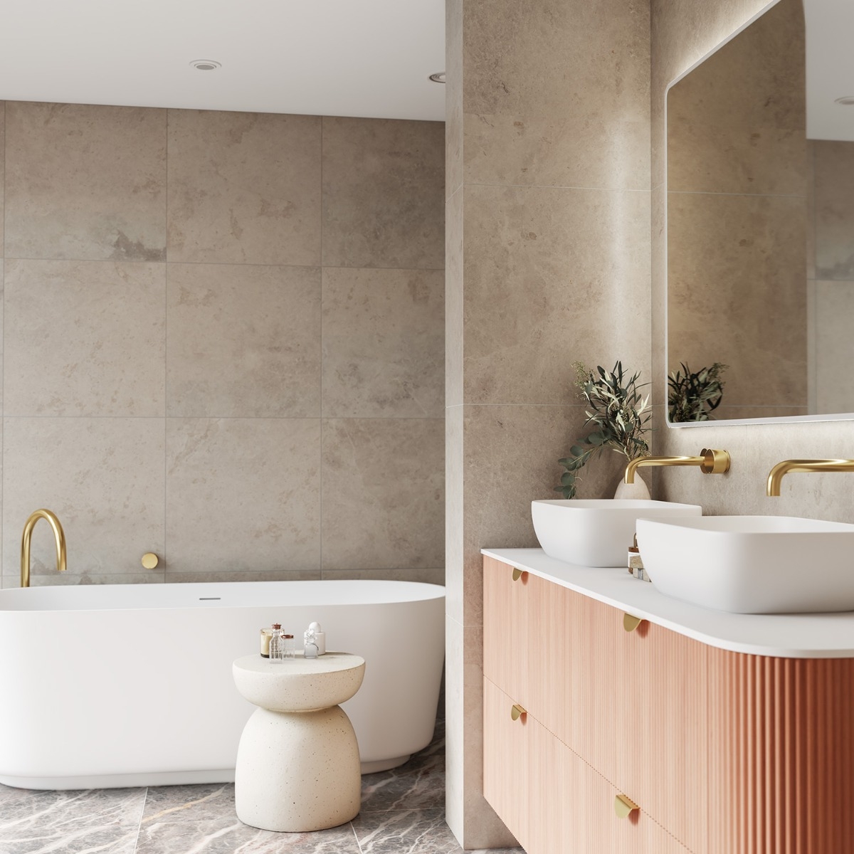 Warm bathroom design with timber vanity, brushed brass fittings and matte white products