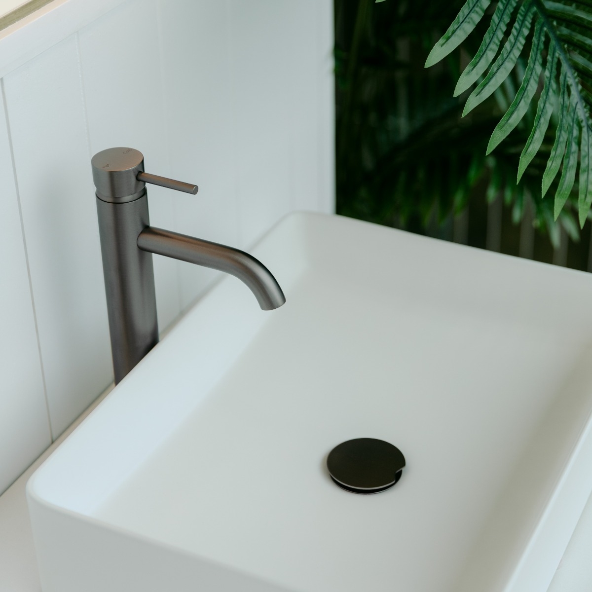 Gunmetal Tapware and Matte White Basin