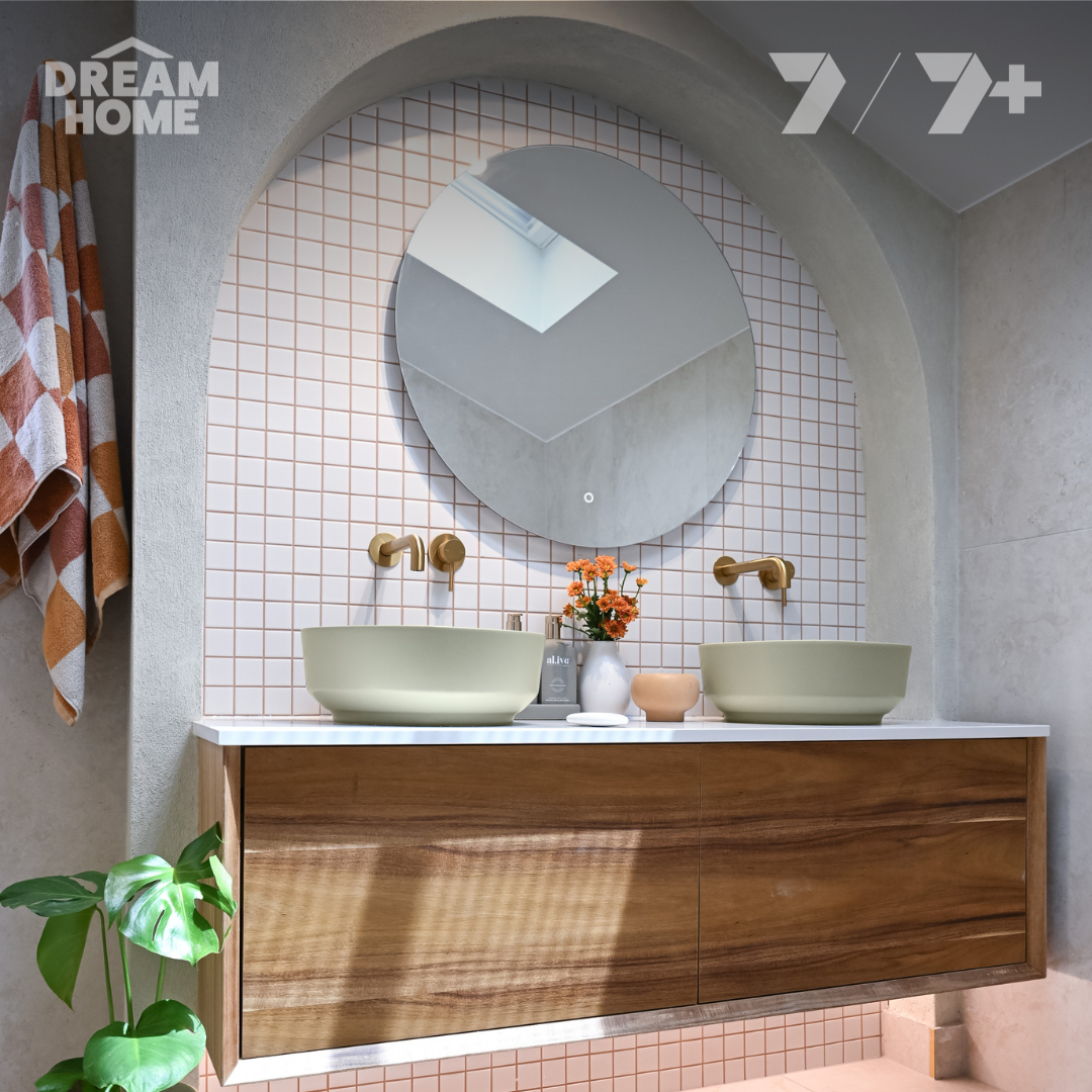 Timber Vanity, Matcha Basins and Brushed Brass Tapware in a bathroom